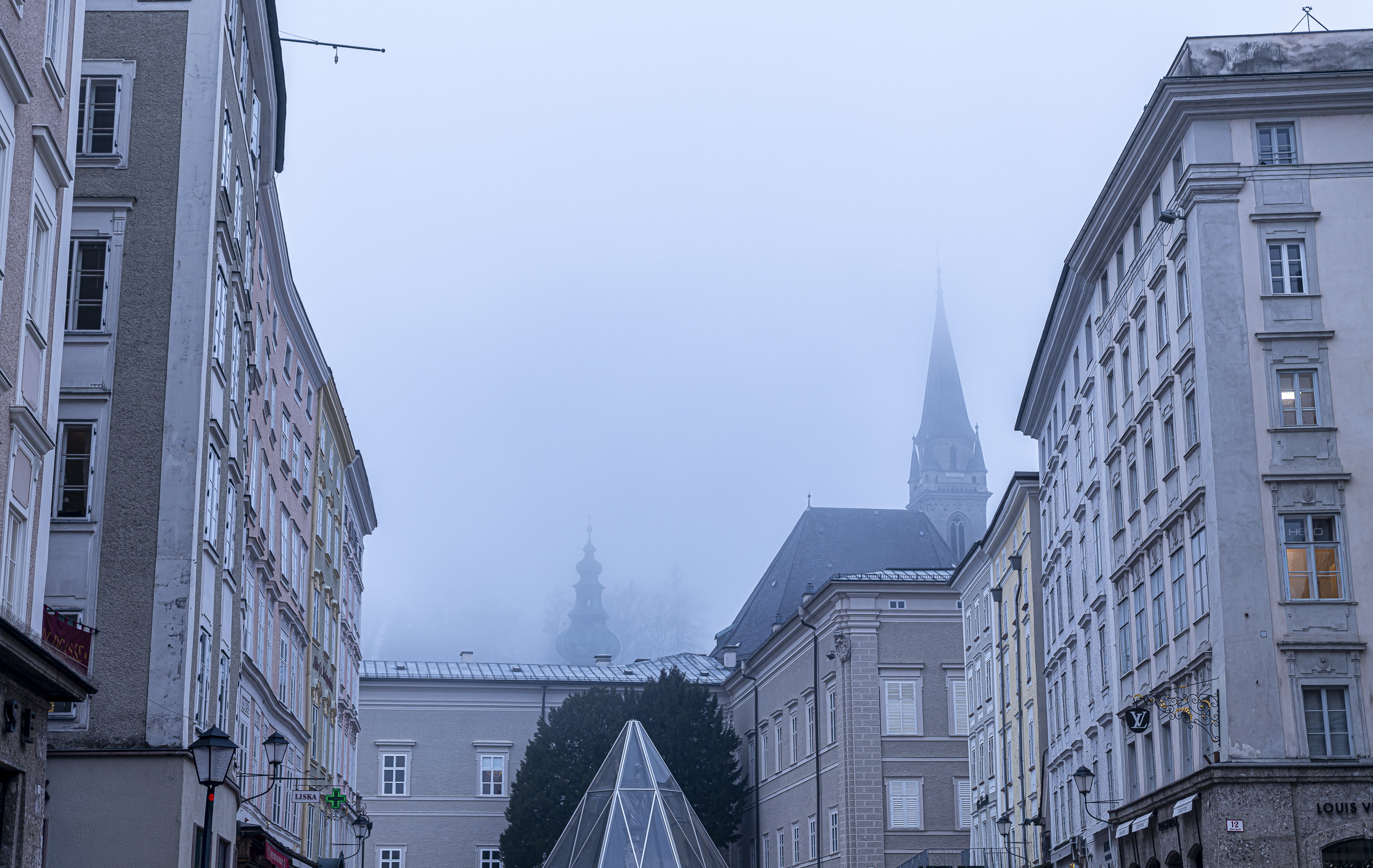 Streets of Salzburg shrouded in fog