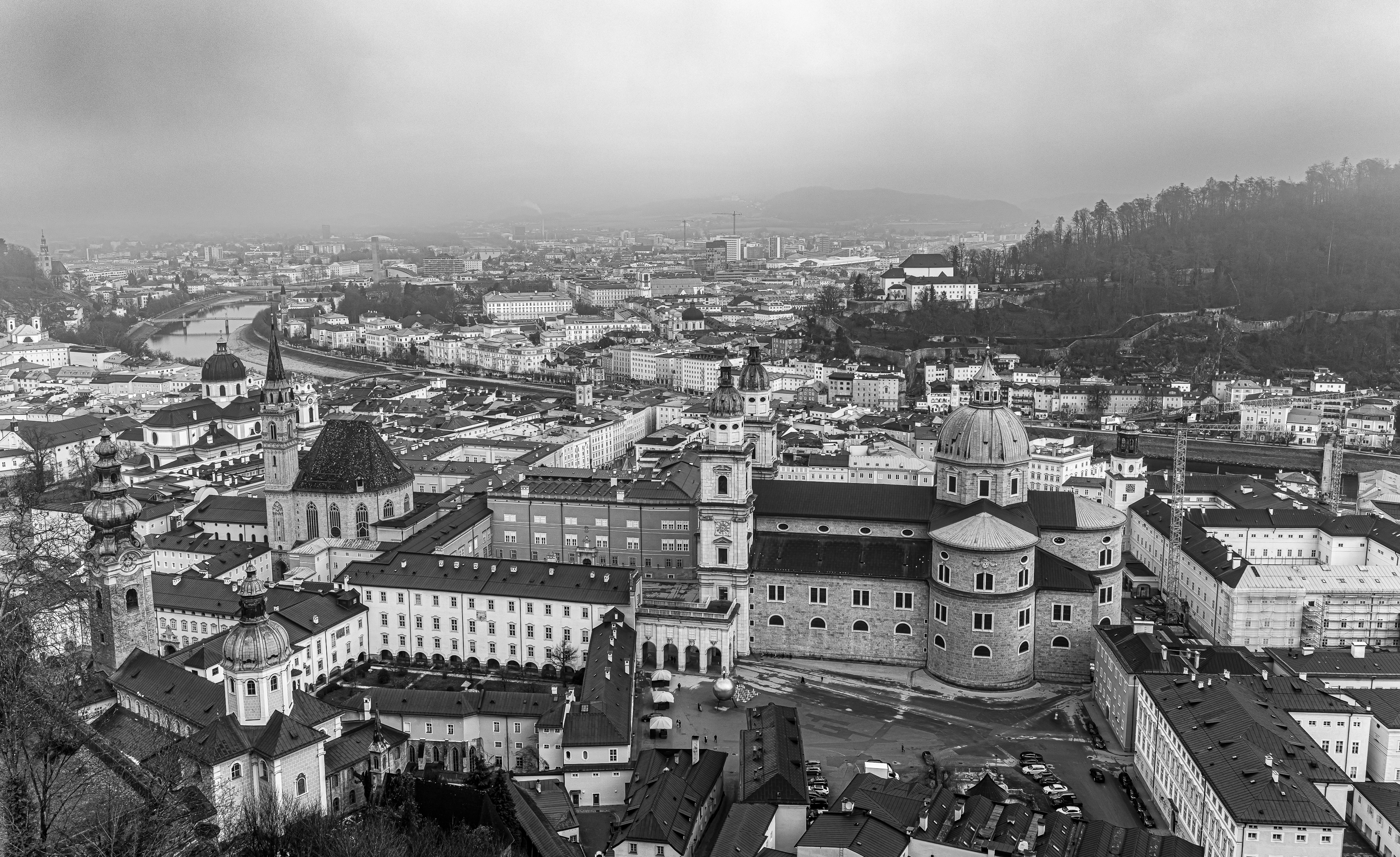 View of Salzburg shrouded in fog from the fortress