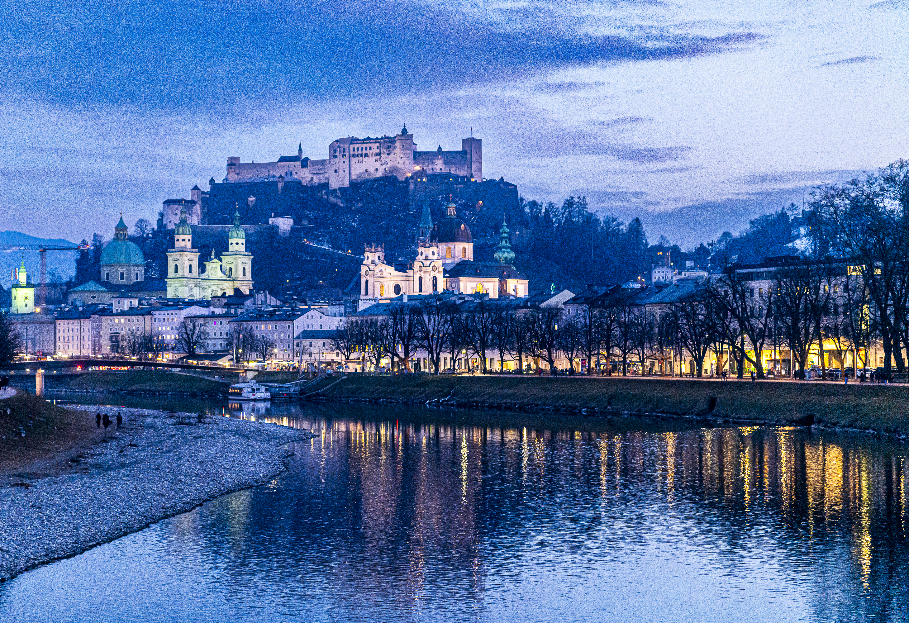 Salzburg at dusk from the Salzach