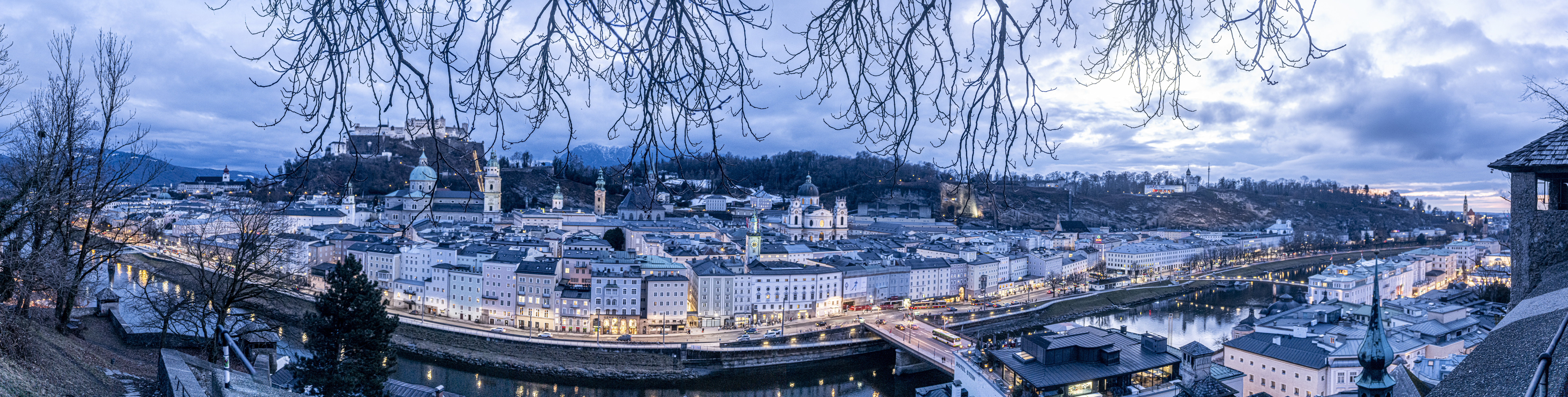 Salzburg lighting up at dusk