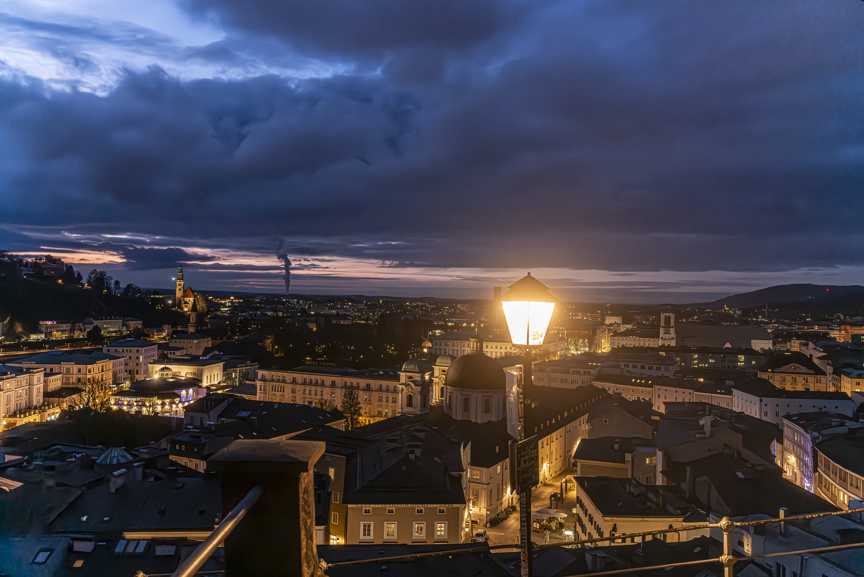 Streetlamp illuminating Salzburg at night