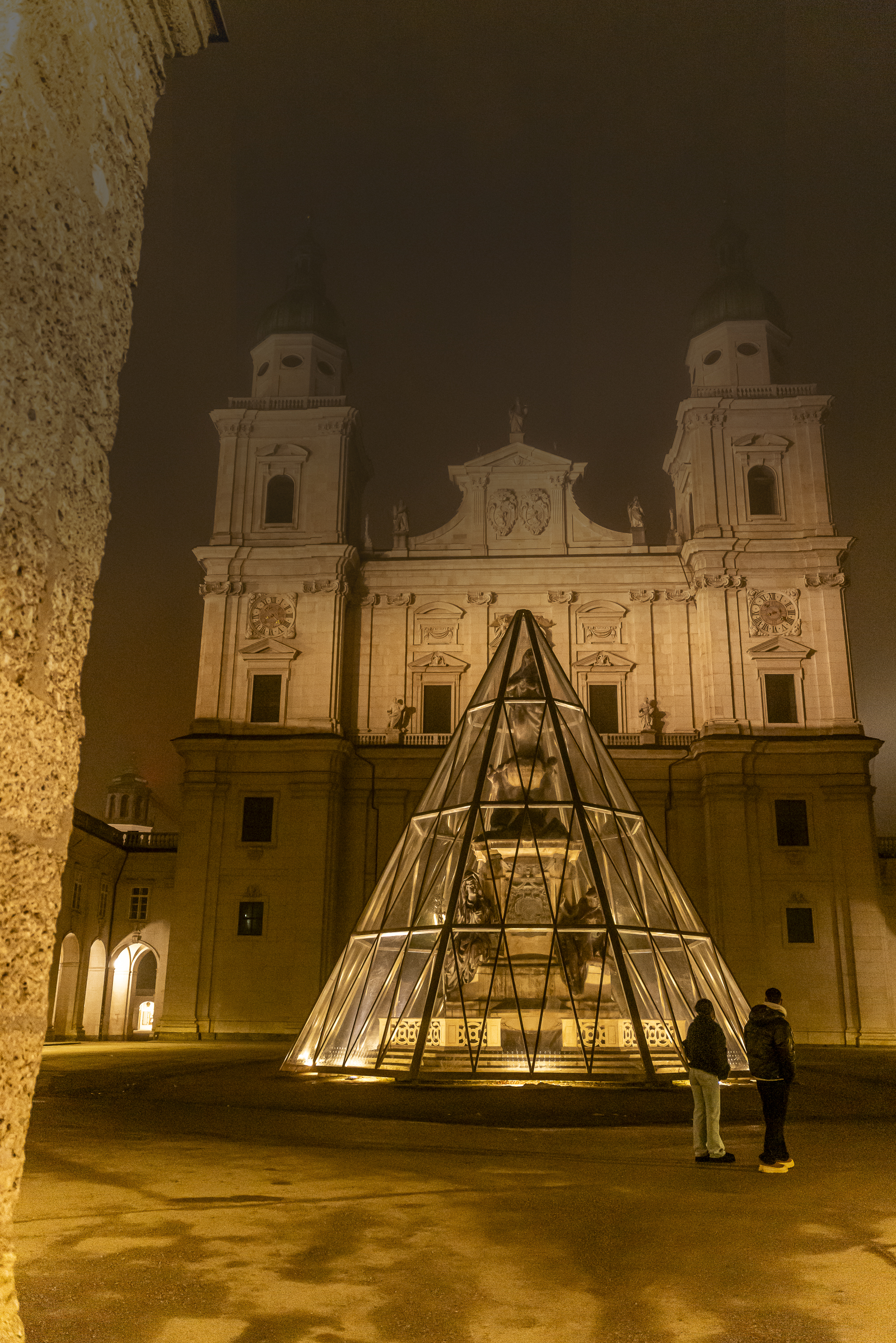 Salzburg Cathedral dissolving in golden nocturnal fog